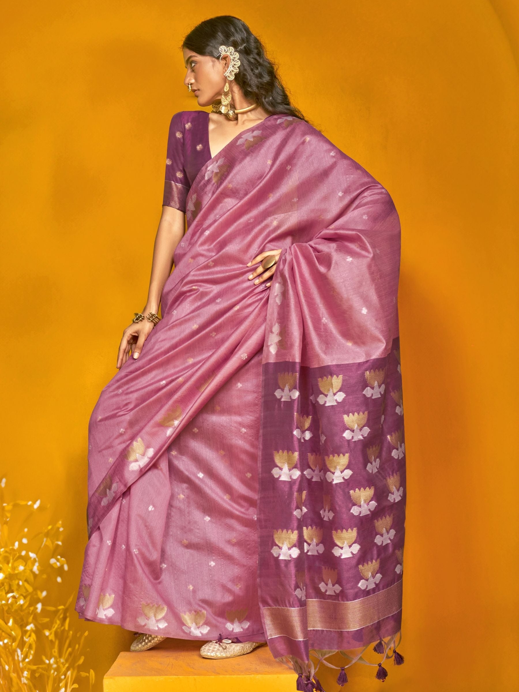 Pink color tussar silk saree for women online shopping
