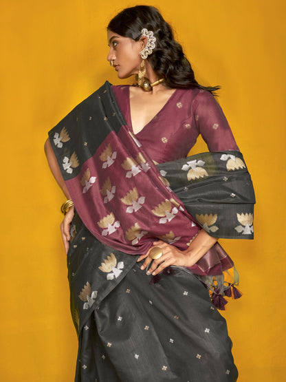 Black color tussar silk saree online shopping
