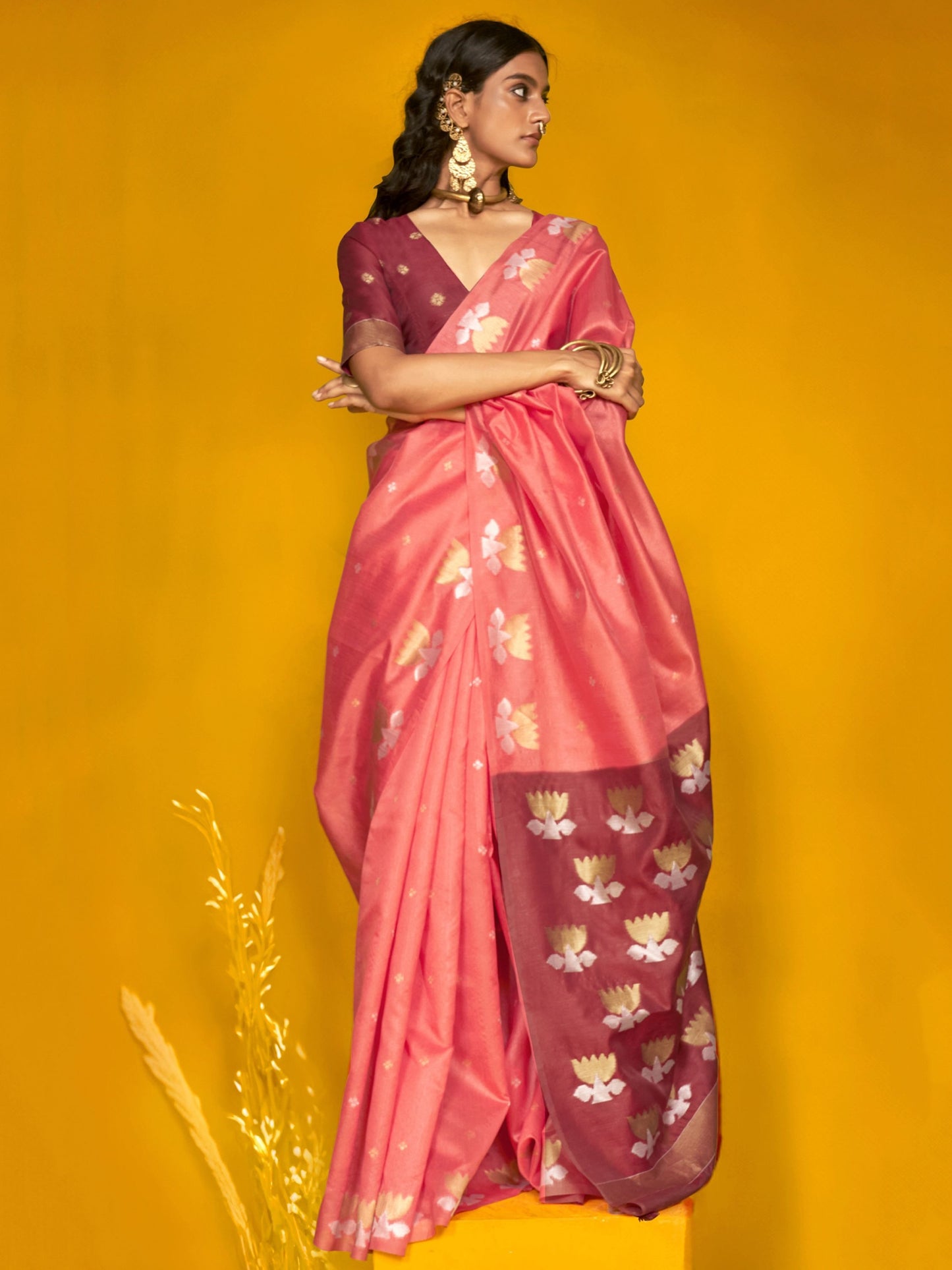 Peach color tussar silk saree for women online
