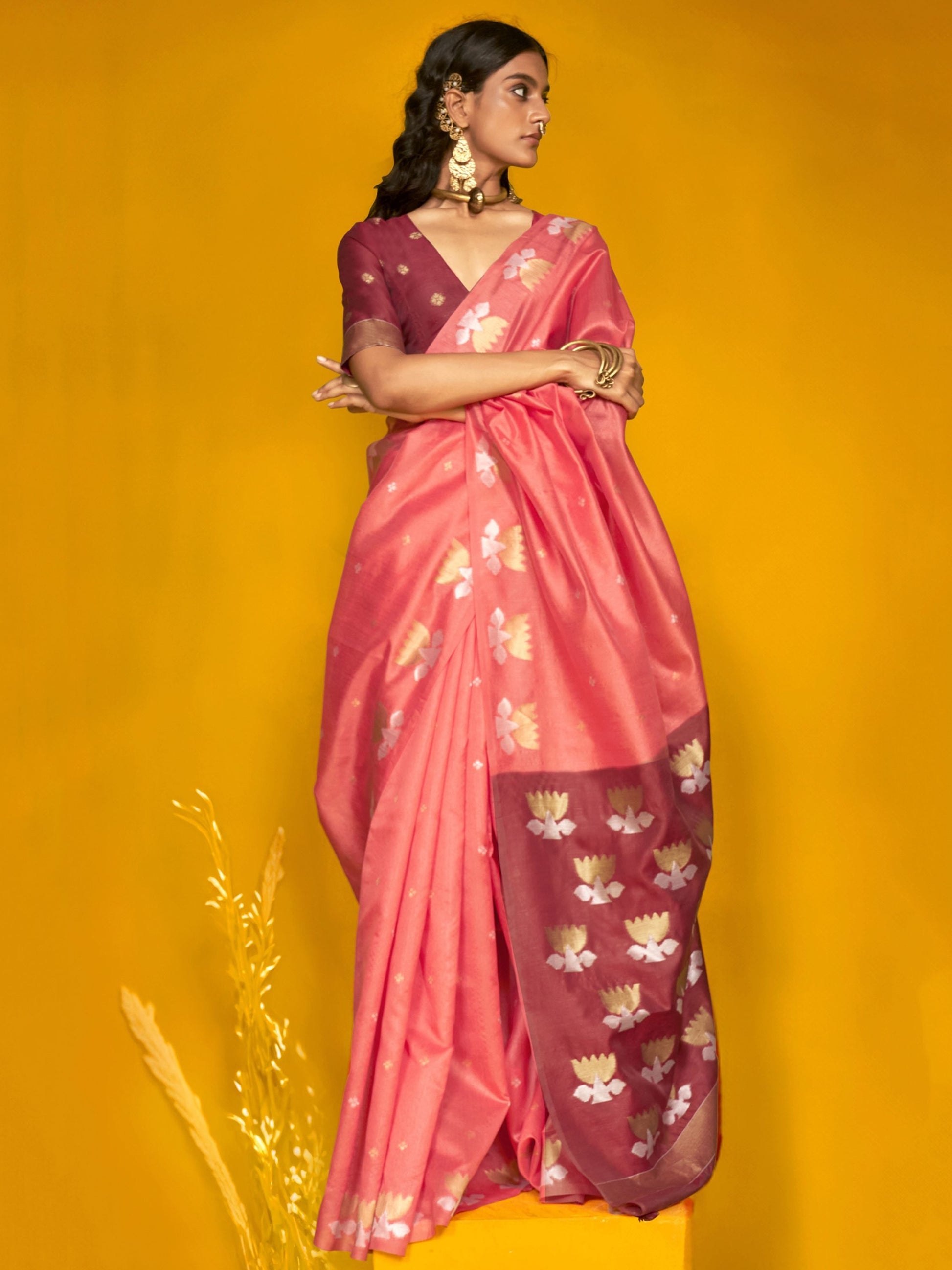 Peach color tussar silk saree for women online
