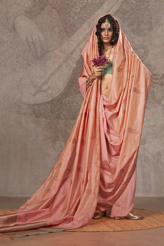 Peach color handloom silk saree for wedding