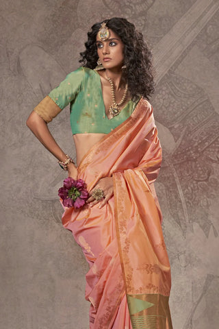 Peach color handloom silk saree with blouse