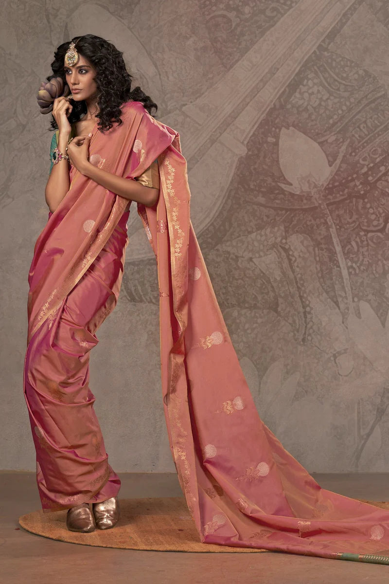 Peach color handloom silk saree online shopping