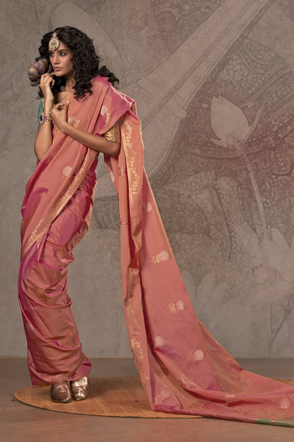 Peach color handloom silk saree online shopping