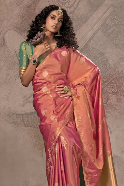 Peach color handloom silk saree with blouse images