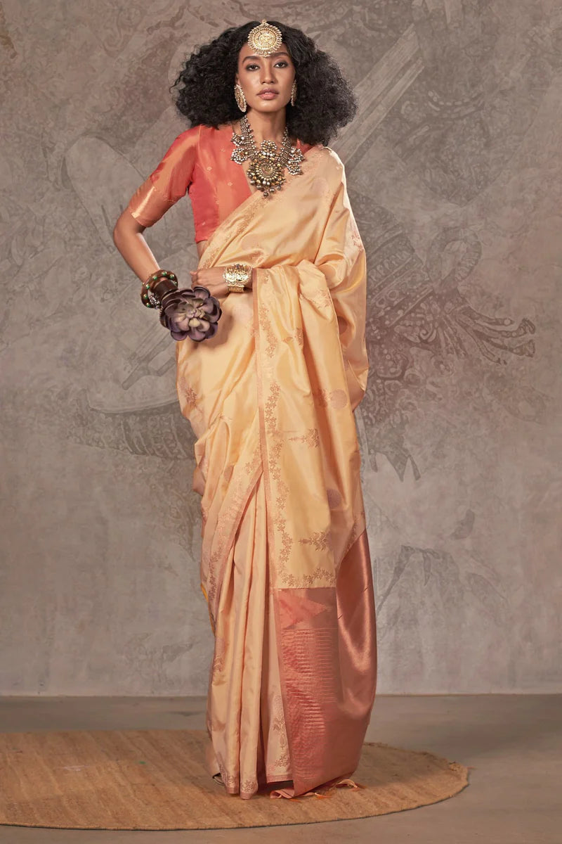 Beige color handloom silk saree for women