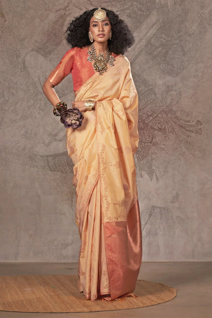 Beige color handloom silk saree for women