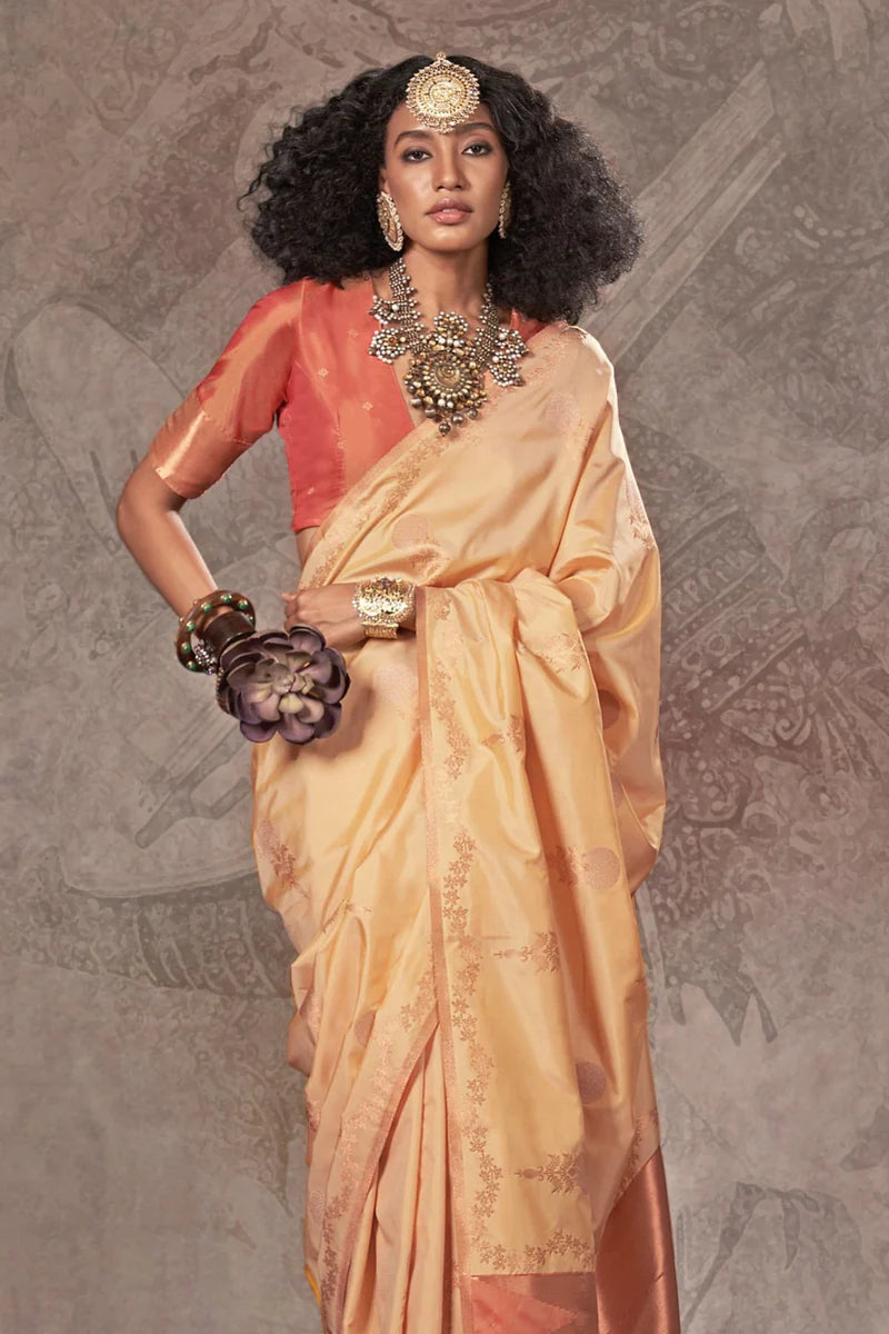 Beige color handloom silk saree with blouse 