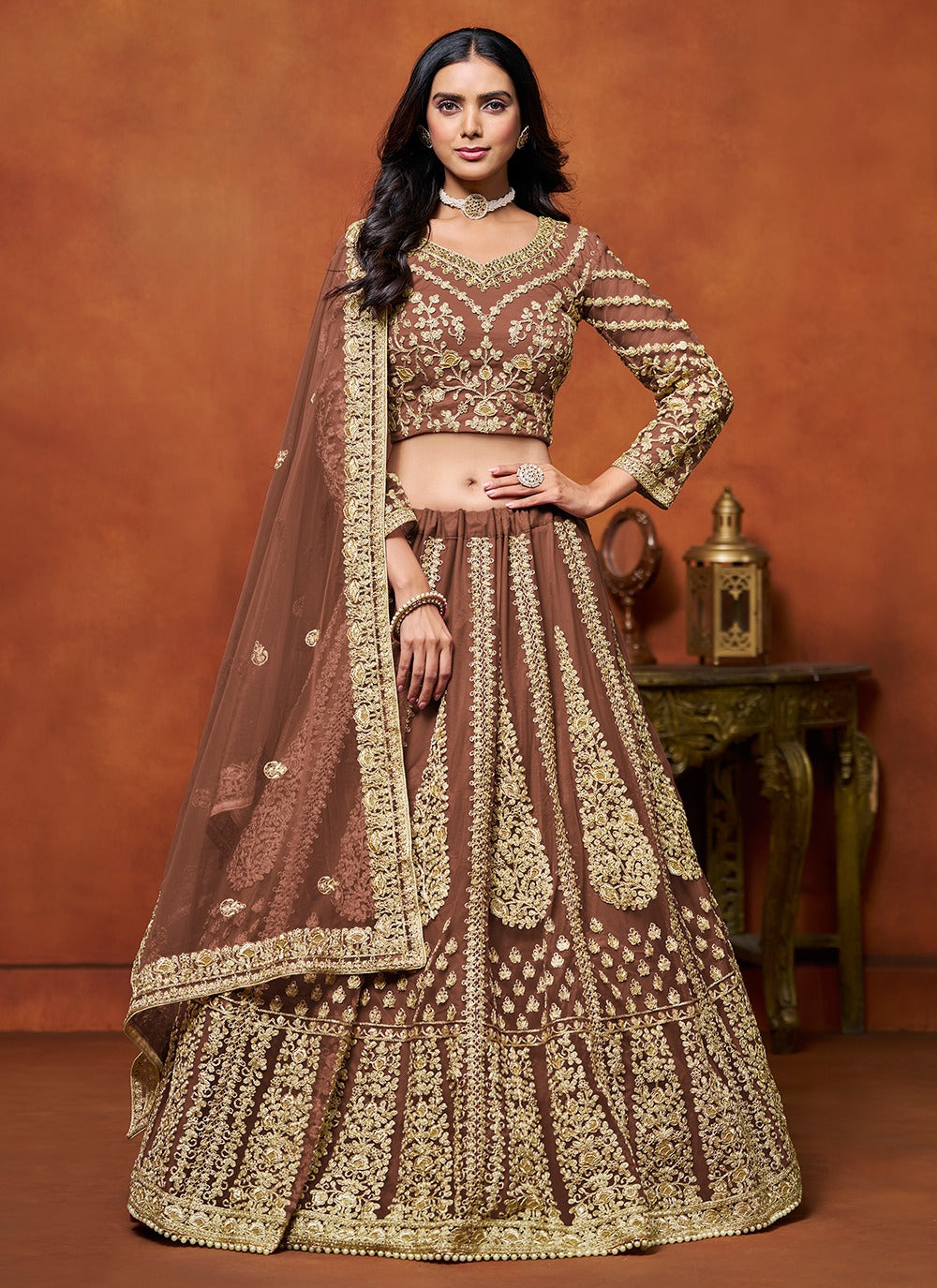 Brown color net lehenga choli for women with price
