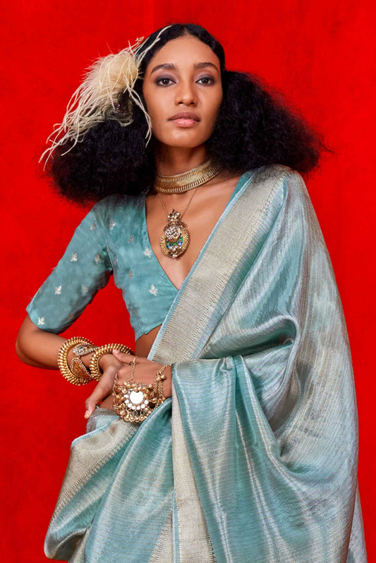 Sky color viscose tissue saree for women online
