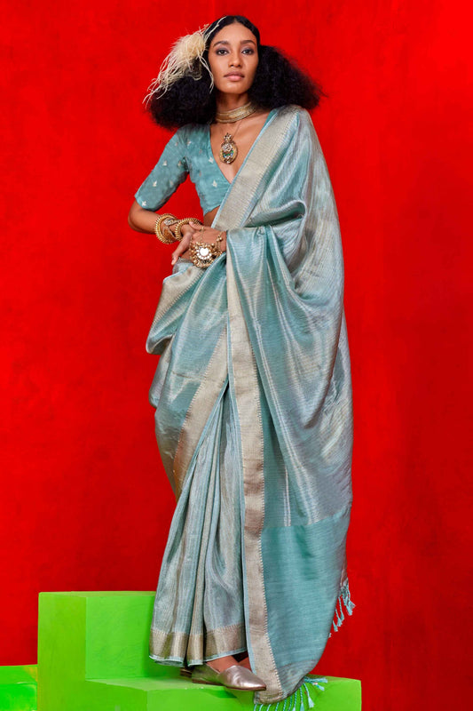 Sky color viscose tissue saree for women price
