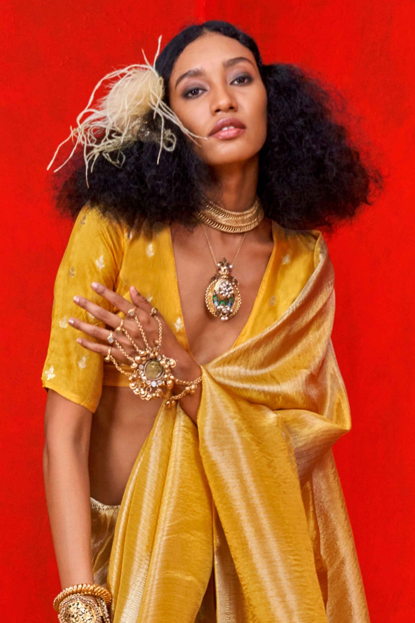 Yellow color viscose tissue saree for party
