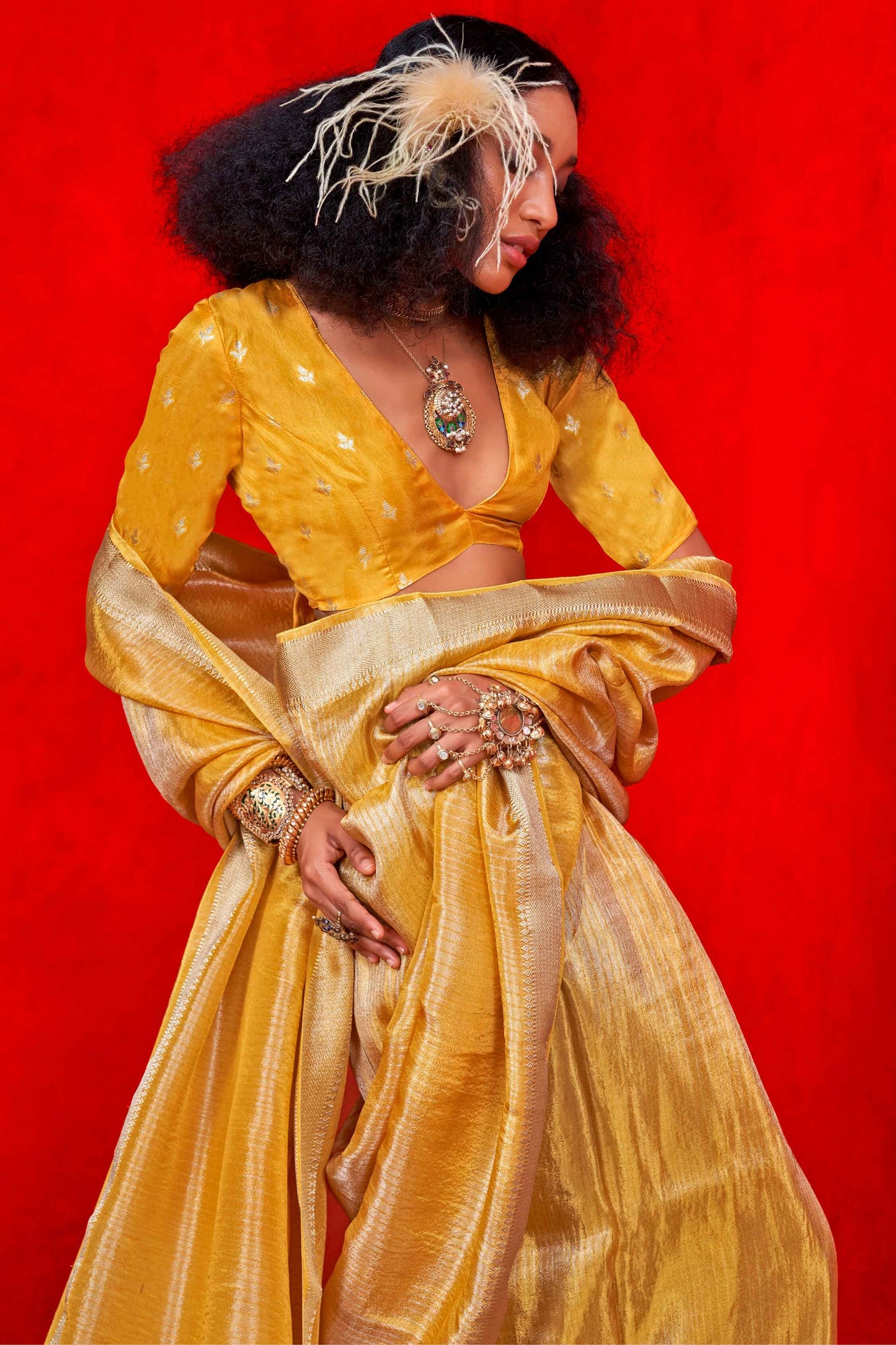 Pure yellow color viscose tissue saree for women
