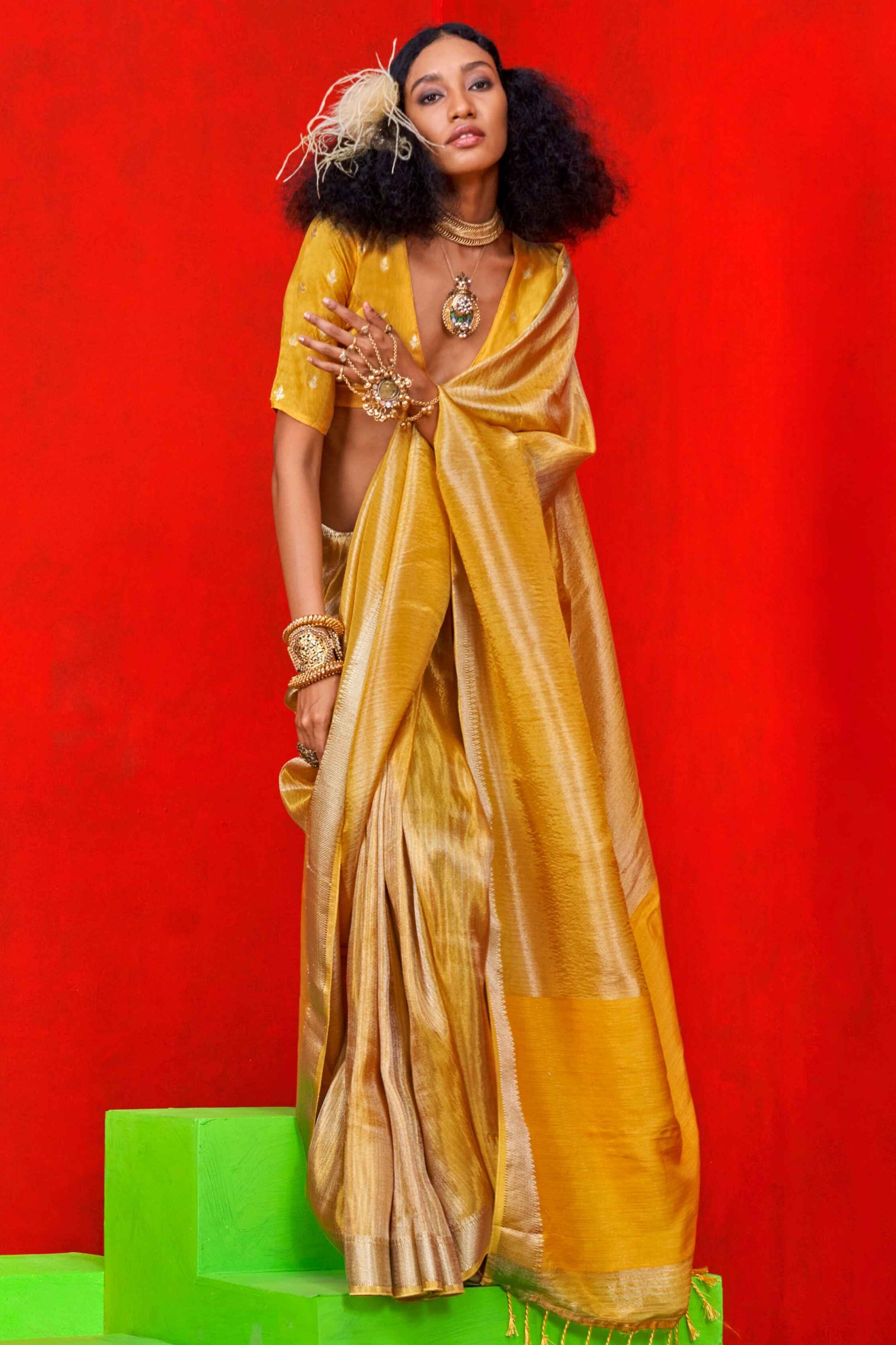 Yellow color viscose tissue saree for women price
