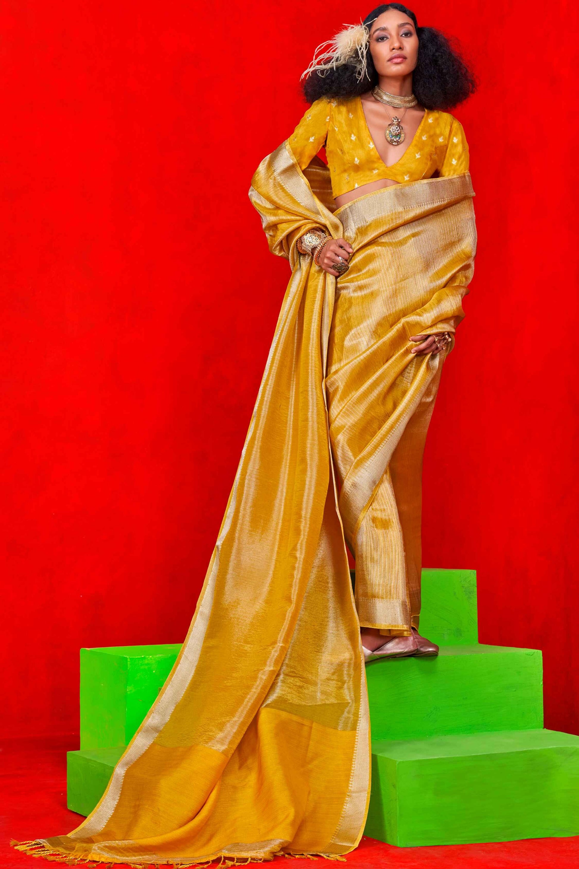 Yellow color viscose tissue saree for women online
