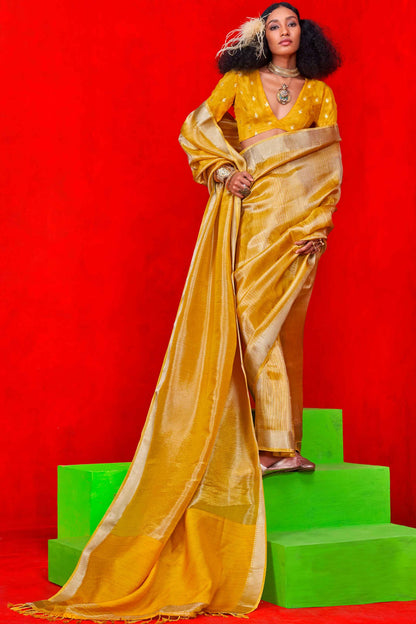 Yellow color viscose tissue saree for women online
