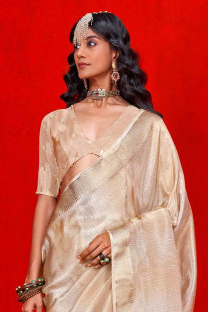 Beige color viscose tissue saree for women online shopping
