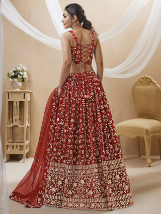 Lovely Red Embroidered Georgette Reception Wear Lehenga Choli