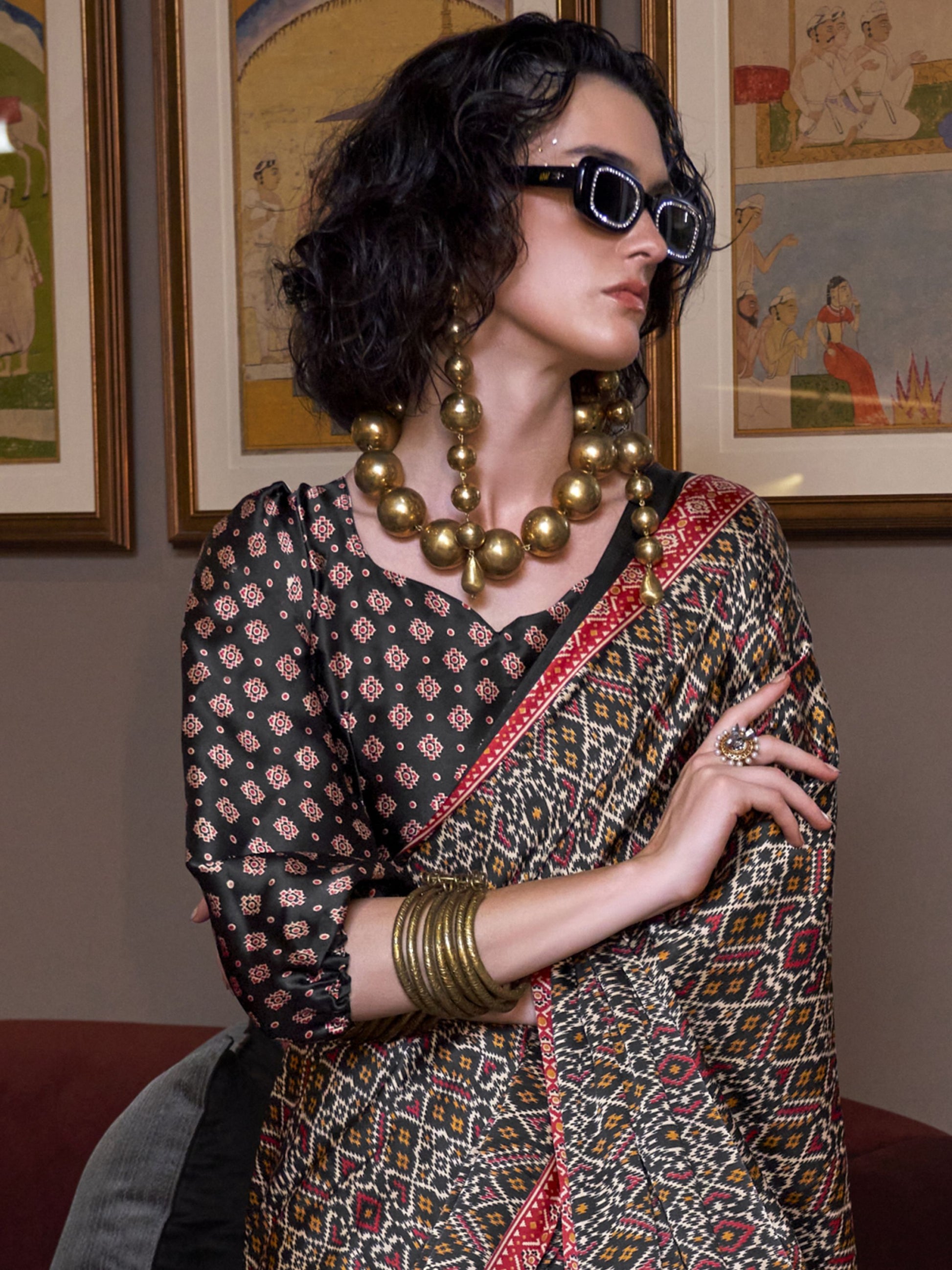 Black color satin crepe patola printed saree for women online

