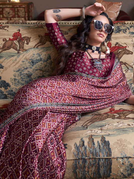 Maroon color satin crepe patola printed saree online shopping
