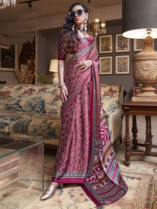 Maroon color satin crepe patola printed saree for women price
