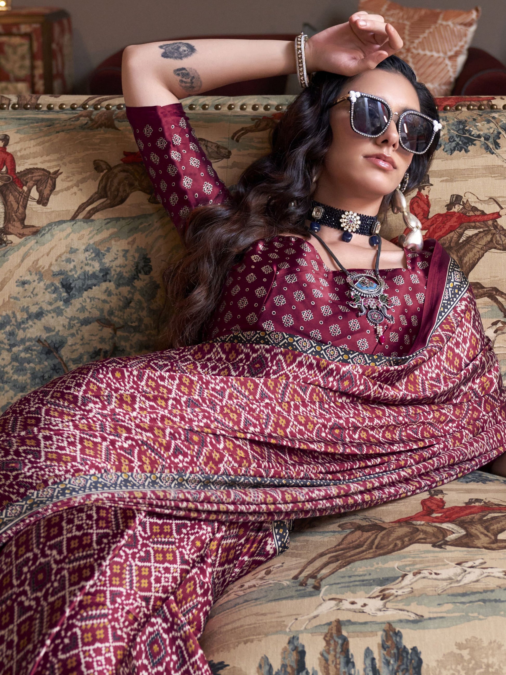 Maroon color satin crepe patola printed saree images
