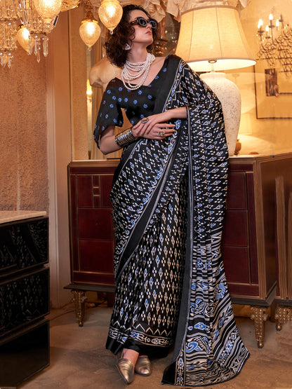 Black color satin crepe patola printed saree for women price
