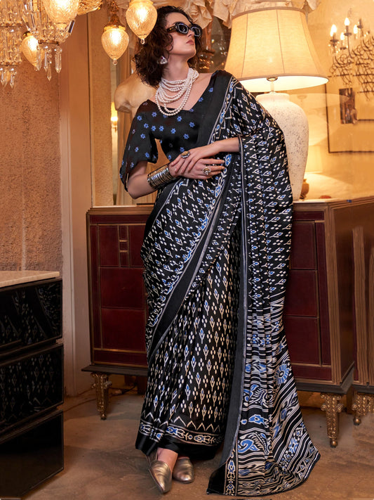 Black color satin crepe patola printed saree for women price
