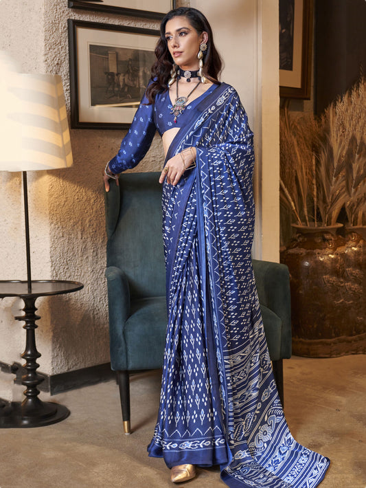 Blue color satin crepe saree for women