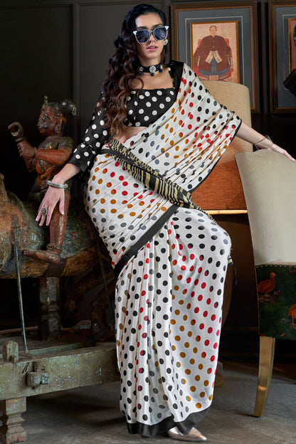 White color satin crepe printed design saree for women price
