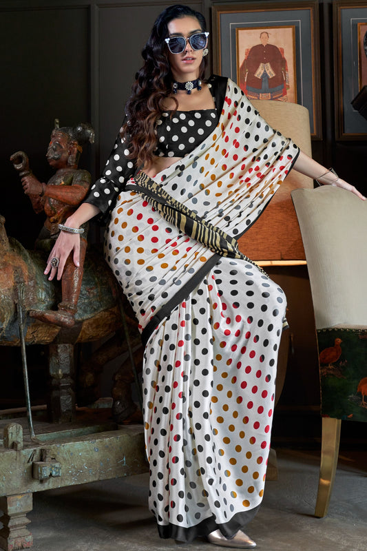 White color satin crepe printed design saree for women price
