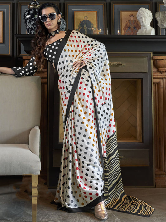 White color satin crepe printed design saree for women online

