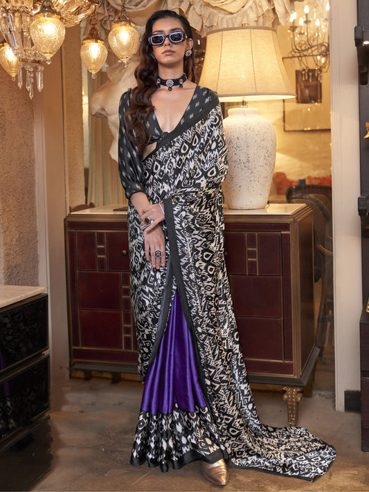Purple color satin crepe patola printed saree price