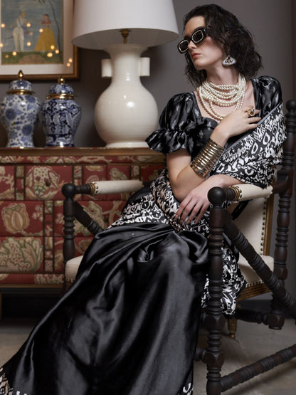 Black color satin crepe printed design saree for women online
