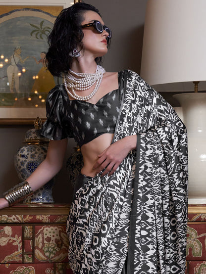 Black color satin crepe printed design saree with dupatta
