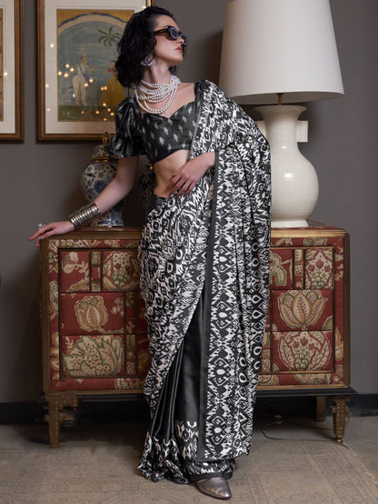 Black color satin crepe printed design saree for women price
