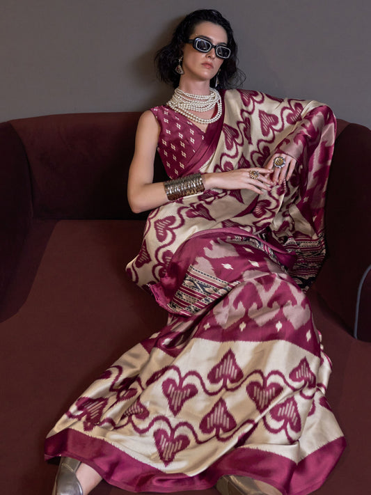 Beige color satin crepe printed design saree for women online
