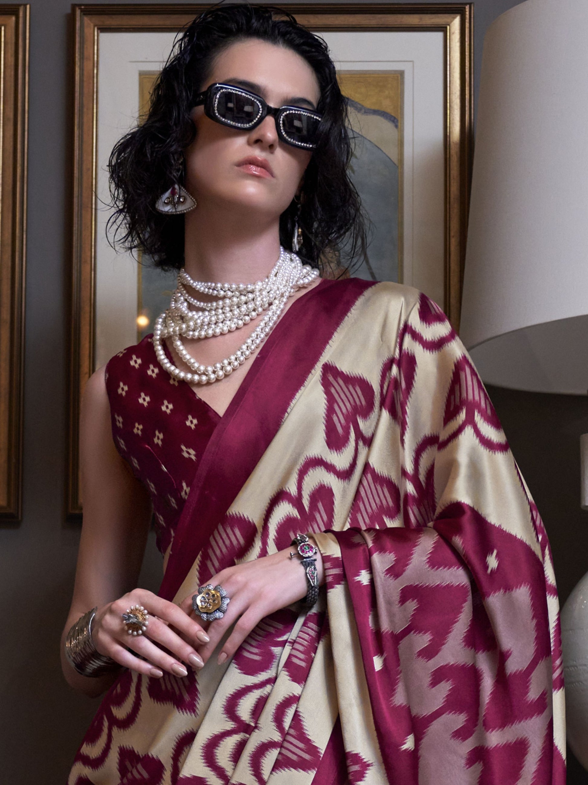 Beige color satin crepe printed design saree with dupatta