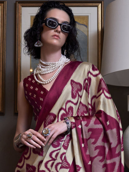 Beige color satin crepe printed design saree with dupatta