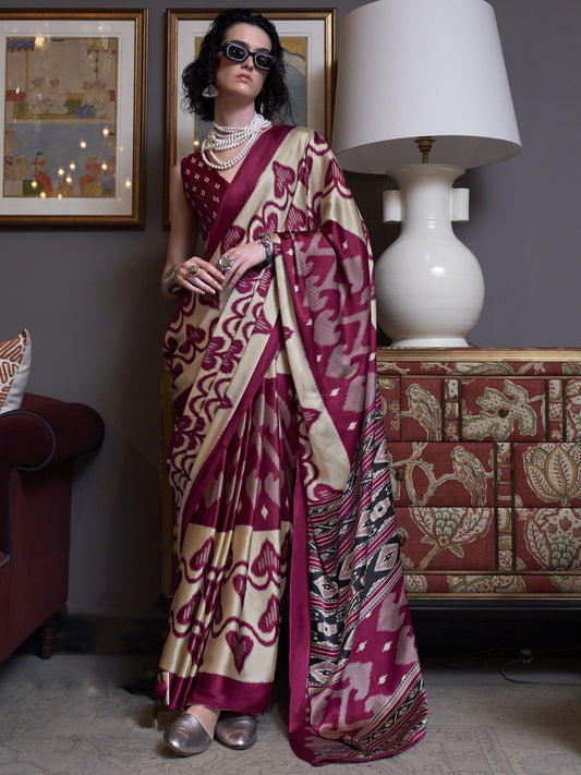 Beige color satin crepe printed design saree for women price
