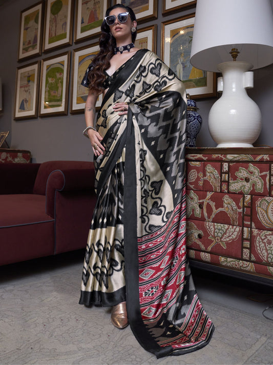 Multi color satin crepe printed design saree for women price
