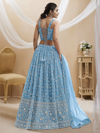 Beautiful Sky-Blue Sequins Work Georgette Lehenga Choli