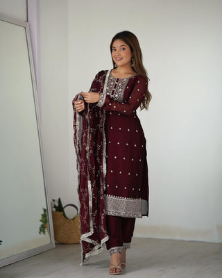 Maroon embroidery work  kurti set