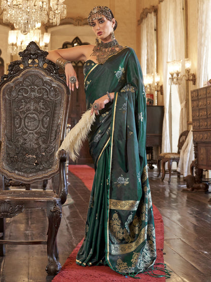 Green color satin handloom silk saree images