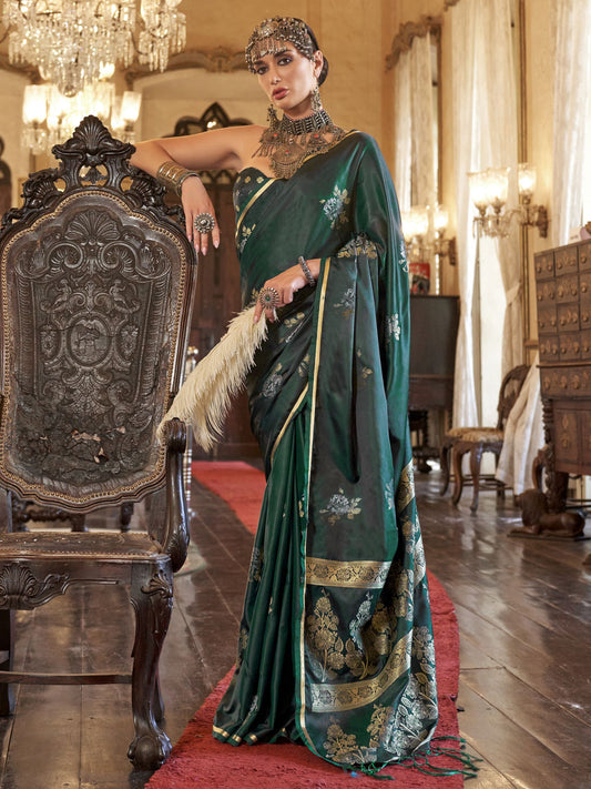 Green color satin handloom silk saree images