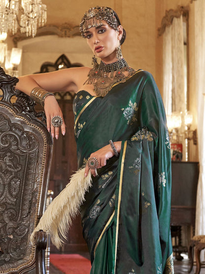 Green color satin handloom silk saree online shopping