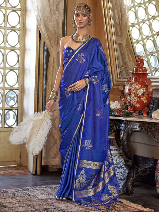 Blue color satin handloom silk saree for women
