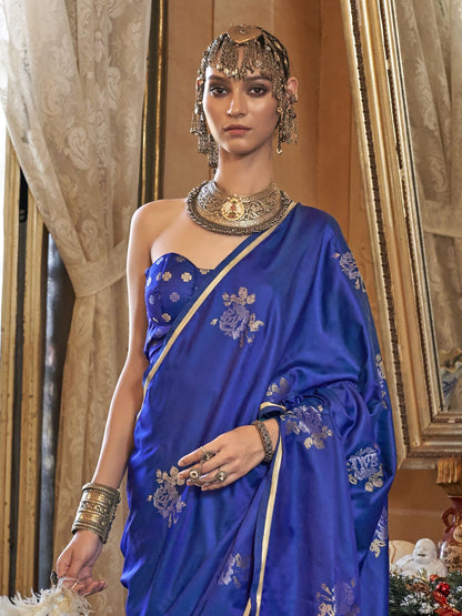 Blue color satin handloom silk saree online