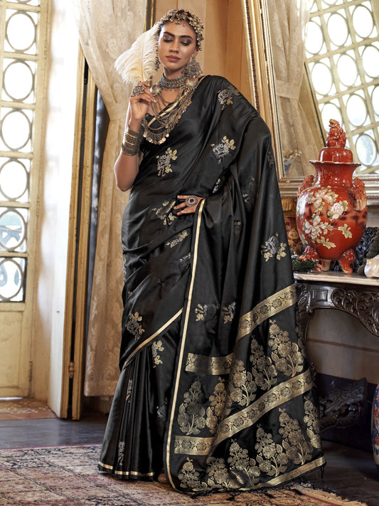 Black color satin handloom silk weaving saree for women