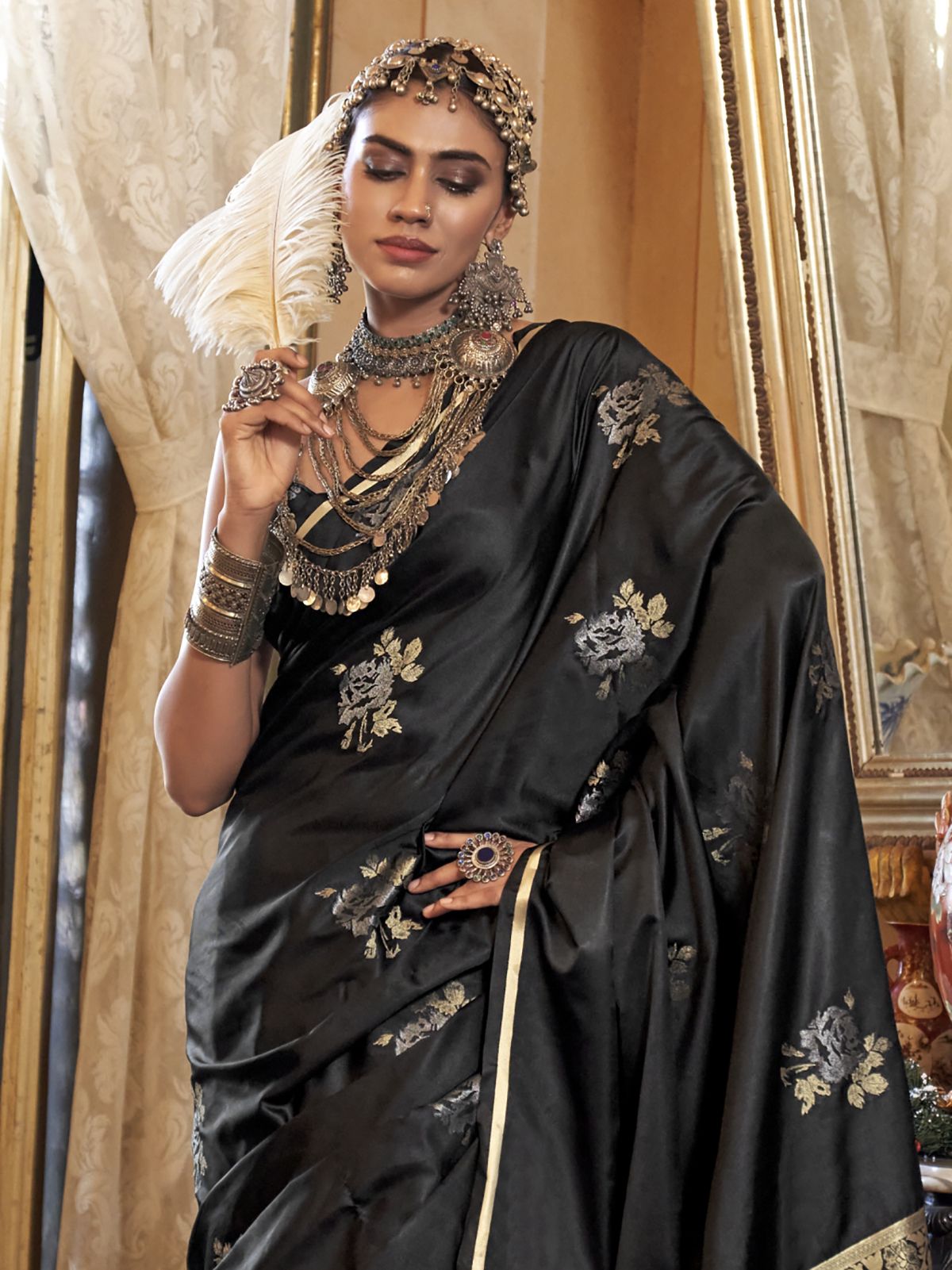 Black color satin handloom silk weaving saree online